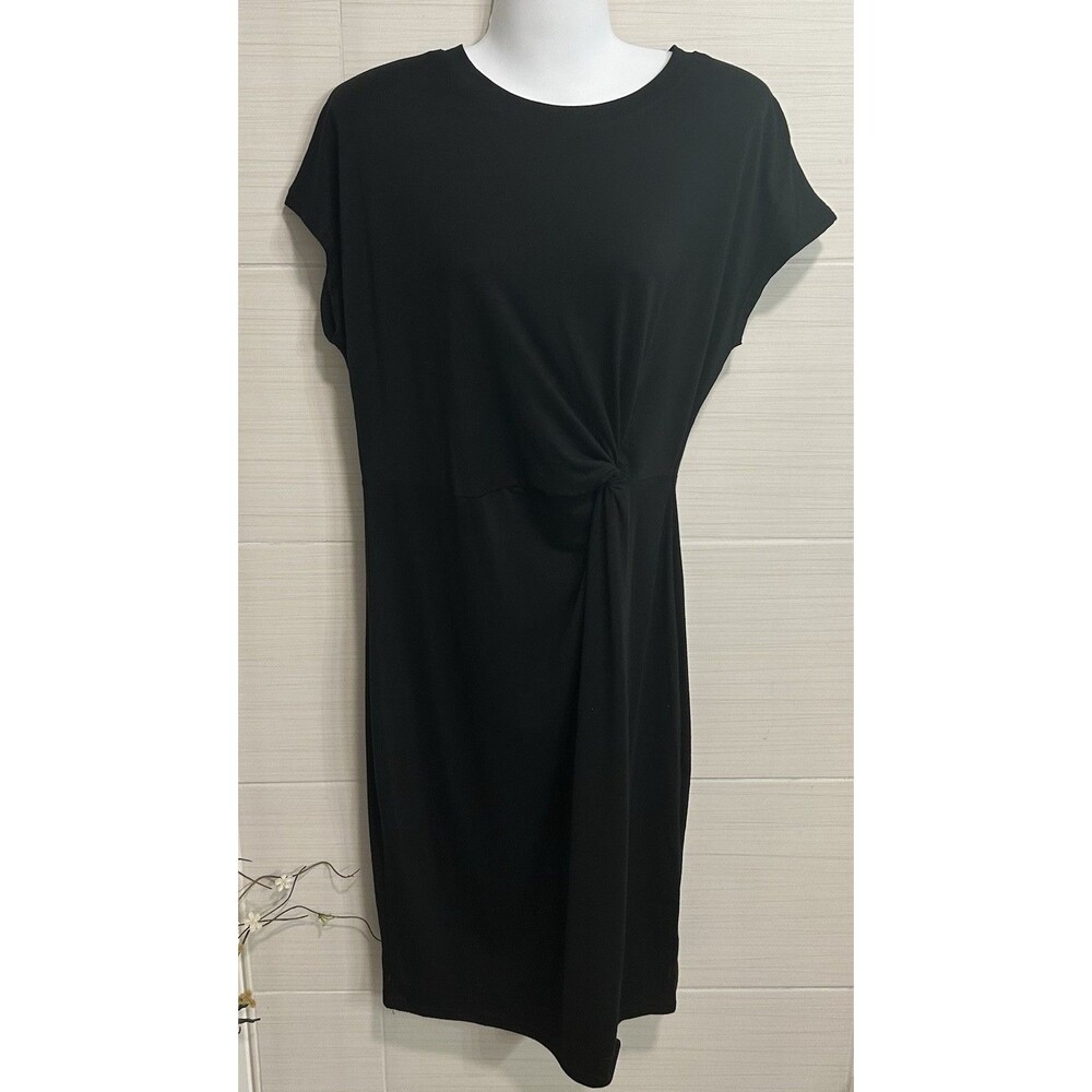 Black Jersey Knit Twist Front Cap Sleeve Knee Length Dress M, Casual Comfort
